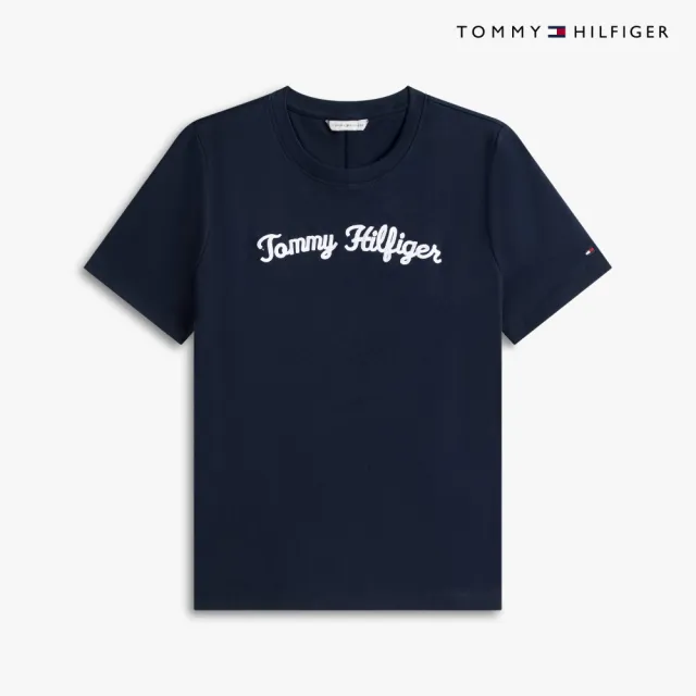 【TOMMY HILFIGER】官方旗艦館草書風標誌雙針織棉 T 恤_藍色