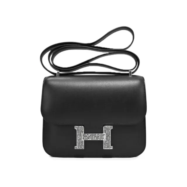 【Hermes 愛馬仕】Constance 18CM AA蜥蜴紋路Ｈ釦Y刻牛皮斜背包(黑AA/銀釦)