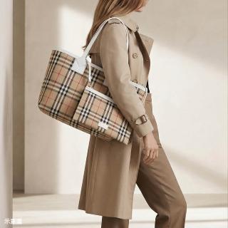 【BURBERRY 巴寶莉】BURBERRY 內燙金LOGO格紋緹花布拼牛皮飾邊開口式子母肩背托特包(米x白)