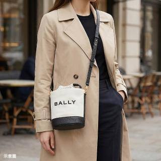 【BALLY】BALLY Bar燙印LOGO帆布搭牛皮飾邊抽繩式斜背水桶包(迷你/白x黑)
