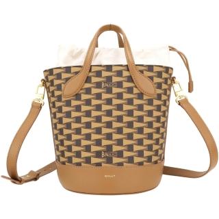 【BALLY】Pennant 老花帆布束口內袋手提 肩斜背水桶包-棕色