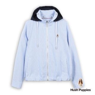 【Hush Puppies】女裝 外套 簡約條紋刺繡小狗連帽外套 (淺藍 / 63217102)