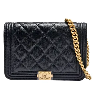 【CHANEL 香奈兒】經典BOY系列復古金釦壓邊菱格粒紋小牛皮WOC斜背包(迷你-黑)