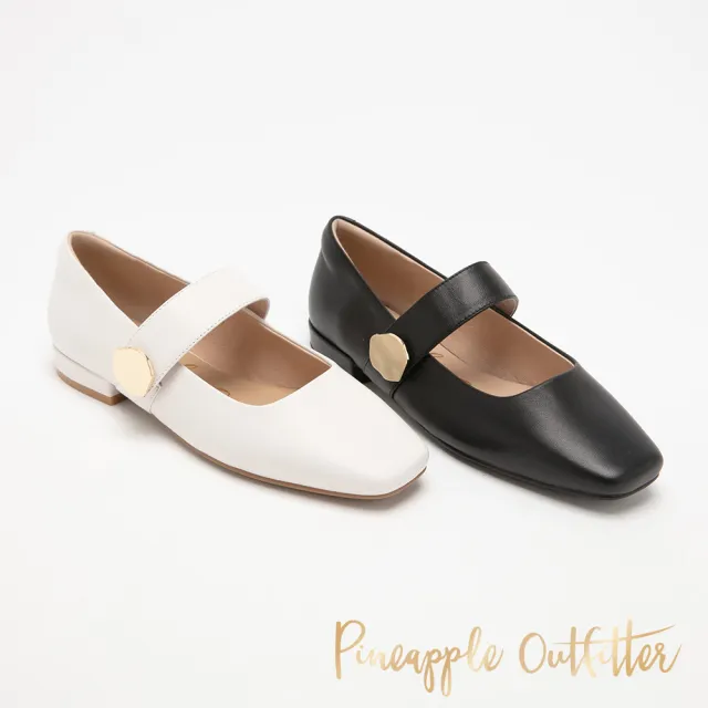 【Pineapple Outfitter】不規則釦飾真皮方頭瑪莉珍鞋DELL(黑色)