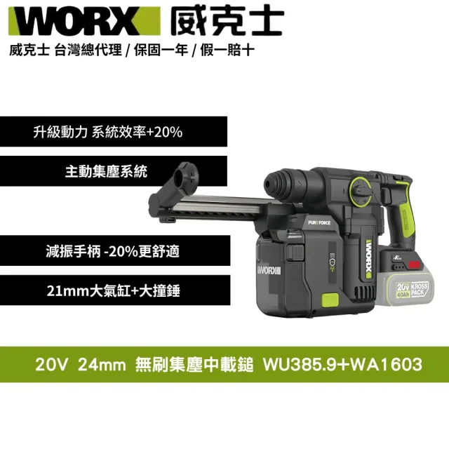 【WORX 威克士】20V 無刷電鎚 集塵式電鎚 集塵鎚鑽 (2.5焦耳)  中型鎚 三用槌鑽 鎚鑽 錘鑽 WU385.9+WA1603