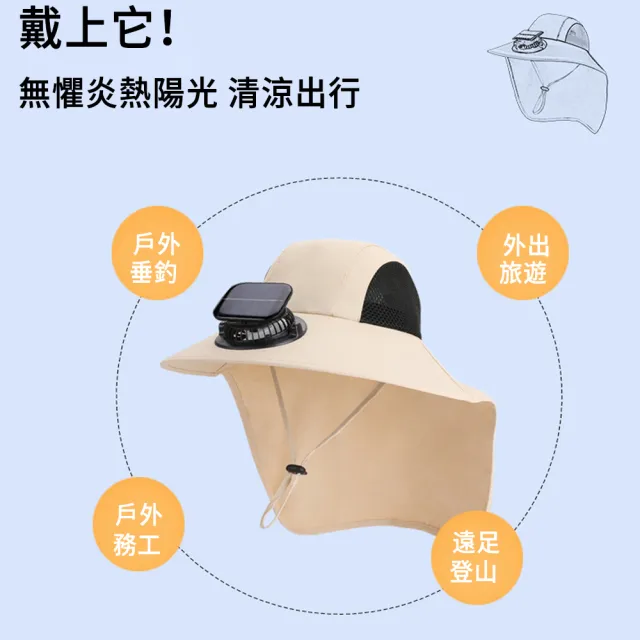 【MUAN】太陽能雙源充電帽 夏季大簷披肩風扇帽（遮陽防曬帽/涼感降溫風扇漁夫帽/登山健行/抗UV護頸大帽沿）