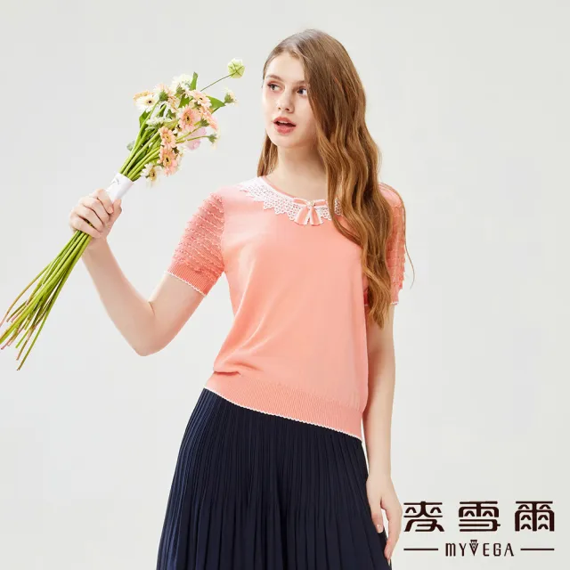 【MYVEGA 麥雪爾】蕾絲領蝴蝶結針織上衣-西瓜紅