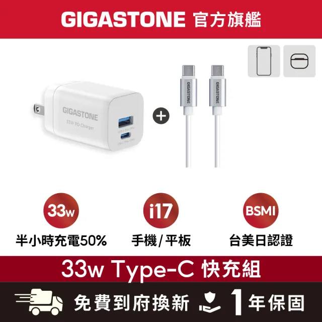 【Gigastone 立達國際】PD/QC3.0 33W快充充電器+C to C 60W充電傳輸線(iPhone17/Android/安卓手機充電頭組)