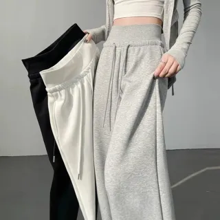 【D.studio】韓版美式高腰寬鬆運動褲(寬褲褲子長褲休閒褲女裝高腰褲 拖地褲直筒褲黑褲秋冬女裝P410)