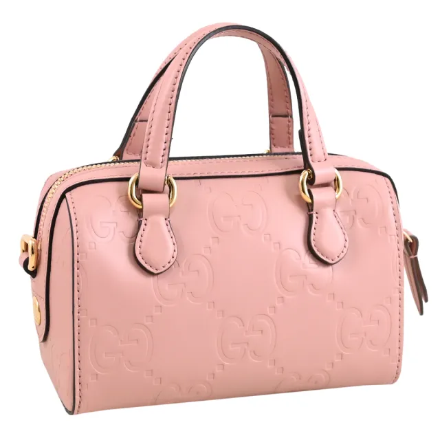 【GUCCI 古馳】GG Super Mini 經典雙G壓紋迷你手提波士頓包兩用包(柔粉)