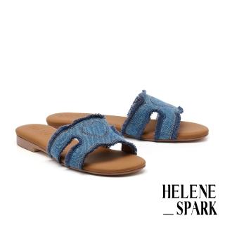 【HELENE SPARK】波希米亞愛心車線抽鬚丹寧平底拖鞋(藍)