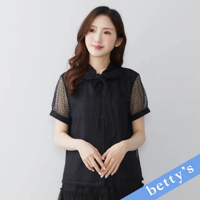 【betty’s 貝蒂思】洞洞蕾絲領口綁帶短袖襯衫(黑色)(其他規格)