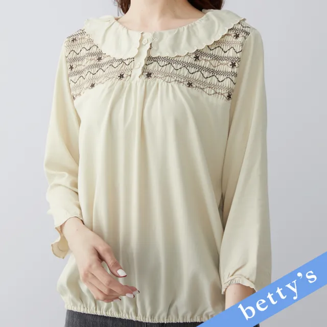 【betty’s 貝蒂思】胸前壓褶手繡荷葉邊翻領上衣(米白)