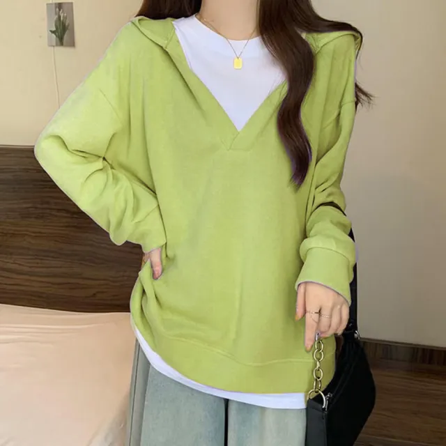 【LANNI 藍尼】★通勤假兩件連帽上衣(女裝/女上衣/帽T/休閒/百搭/日系)