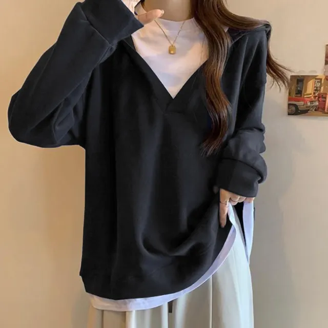 【LANNI 藍尼】★通勤假兩件連帽上衣(女裝/女上衣/帽T/休閒/百搭/日系)