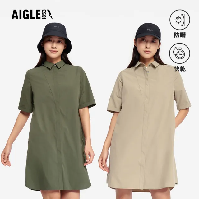 【AIGLE】女 抗UV快乾短袖長版襯衫｜AG-5P214(女襯衫 短袖襯衫 休閒襯衫 快乾 吸濕排汗 洋裝)