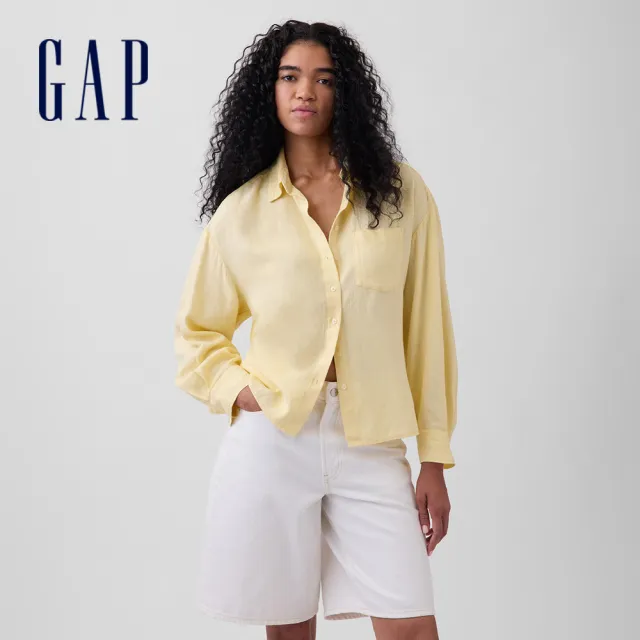 【GAP】寬版亞麻混紡襯衫-多色任選(887443)