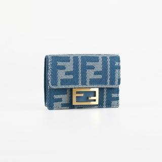 【FENDI 芬迪】三折式牛仔提花零錢短夾(迷你/淺藍)