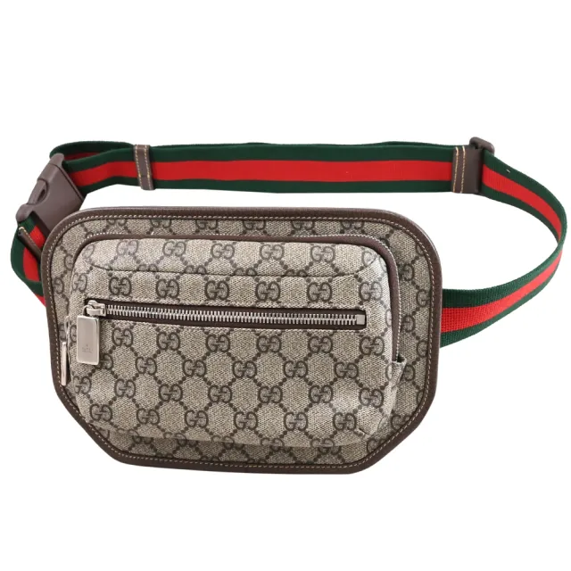【GUCCI 古馳】GG Supreme 經典雙G印花織帶條紋三用後背斜背腰包(駝)