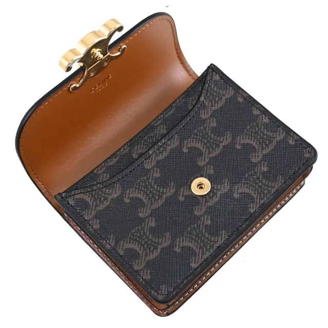 【CELINE】TRIOMPHE 金屬LOGO印花拼接信用卡雙層零錢包(深咖)