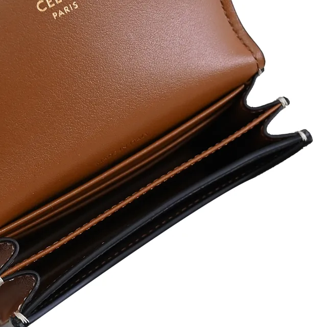 【CELINE】TRIOMPHE 金屬LOGO印花拼接信用卡雙層零錢包(深咖)