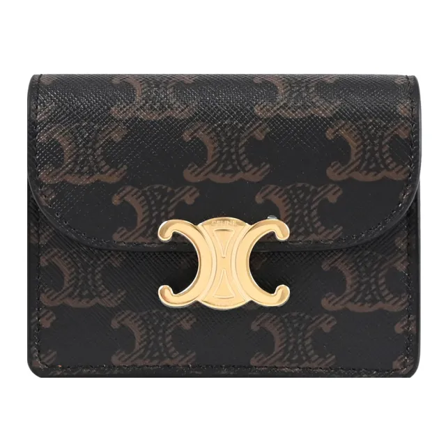 【CELINE】TRIOMPHE 金屬LOGO印花拼接信用卡雙層零錢包(深咖)