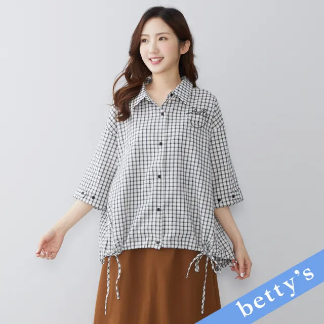 【betty’s 貝蒂思】微笑刺繡綁帶格紋七分袖襯衫(黑色)