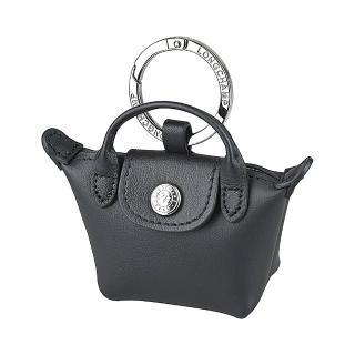 【LONGCHAMP】LONGCHAMP Le Pliage Xtra銀釦LOGO牛皮按釦小袋吊飾/鑰匙圈(迷你/黑)