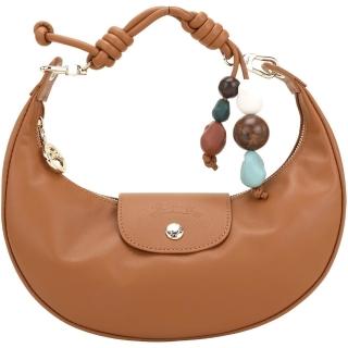 【LONGCHAMP】Le Pliage Xtra 串珠飾繩結牛皮半月包/M-腰果棕