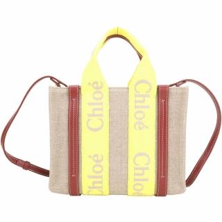 【Chloe’ 蔻依】Woody 小型 撞色刺繡字母織帶亞麻帆布手提 斜背托特包-黃色