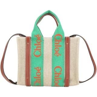 【Chloe’ 蔻依】Woody 小型 撞色刺繡字母織帶亞麻帆布手提 斜背托特包-綠色 刺繡款