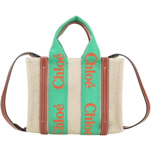 【Chloe’ 蔻依】Woody 小型 撞色刺繡字母織帶亞麻帆布手提 斜背托特包-綠色 刺繡款