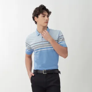 【pierre cardin 皮爾卡登】網路獨家 男款 休閒服飾吸濕排汗橫條短袖POLO衫-淺藍色(7267272-33)