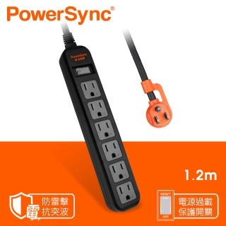 【PowerSync 群加】直立式1開6插防雷擊抗搖擺延長線/黑色/1.2M(TS6ZF012)
