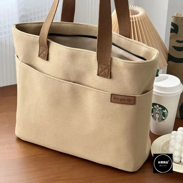 【米蘭精品】現貨出清 手提包帆布肩背包托特包側背包單肩背包女包包(多口袋拉鍊加厚3款74jn48)