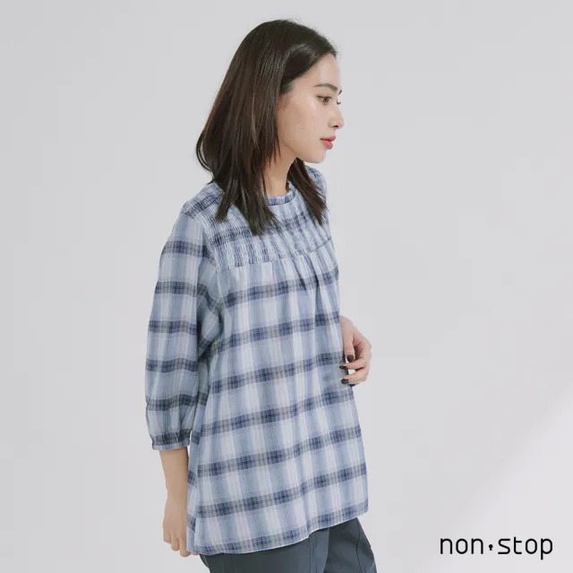 【non-stop】柔霧格紋抓皺立領上衣-2色
