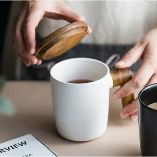 【LIFE SHOP】北歐風原木杯蓋陶瓷馬克杯 咖啡杯 紅茶杯 泡茶杯 馬克杯 交換禮物