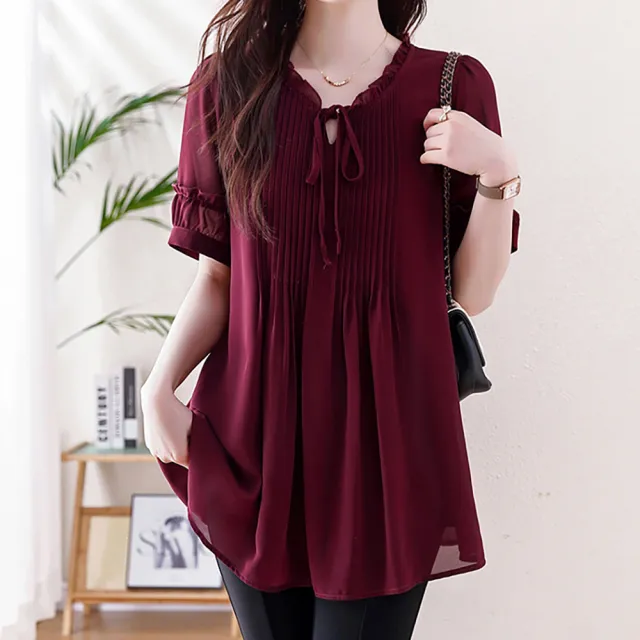 【麗質達人】5643紅色雪紡上衣-LY(L-5XL)(其他規格)