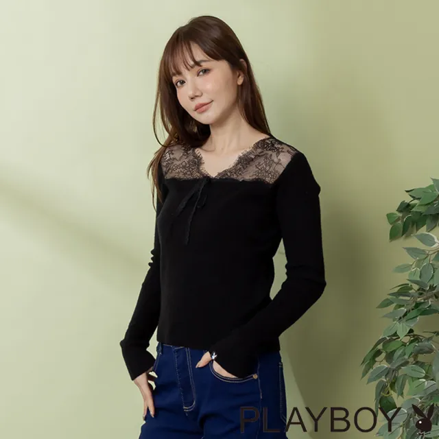 【PLAYBOY】蕾絲拼接設計針織上衣 - 黑色