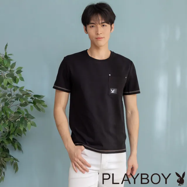 【PLAYBOY】涼感撞色爬線T-SHIRT - 黑色