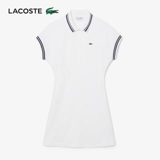 【LACOSTE】女裝-優雅條紋飾邊Polo領短袖連身裙(白色)