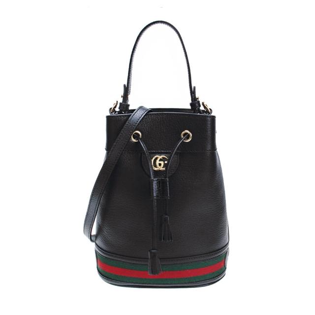 【GUCCI 古馳】719884/610846 經典Ophidia系列綠紅綠織帶皮革束口手提/斜背水桶兩用包(全新展示品-黑色)