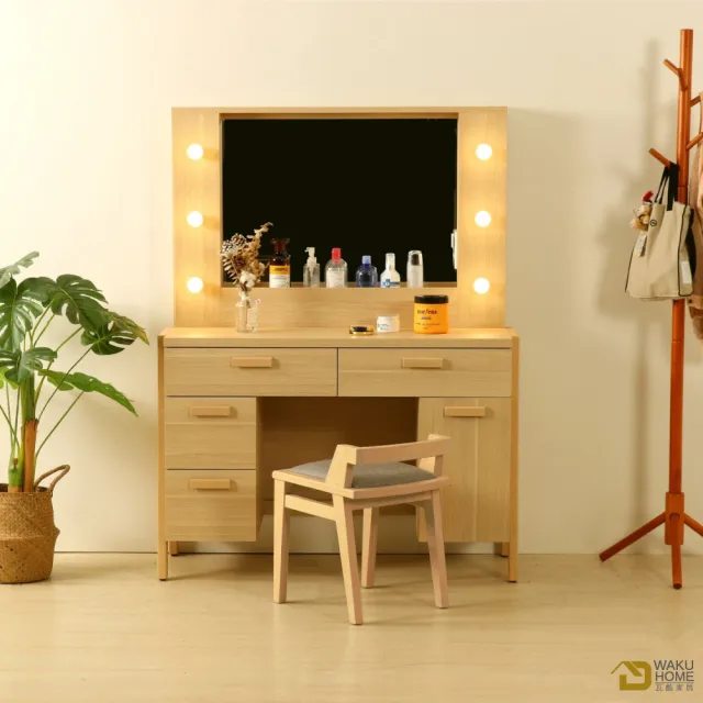 【WAKUHOME 瓦酷家具】Aurora北歐橡木LED網美鏡4尺化妝桌-含椅-B001-691+692+694