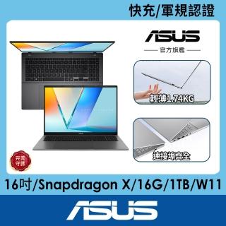 【ASUS 華碩】512G組★16吋Copilot+PC AI筆電(VivoBook S16/Snapdragon X X1-26-100/16G/1TB SSD/W11)