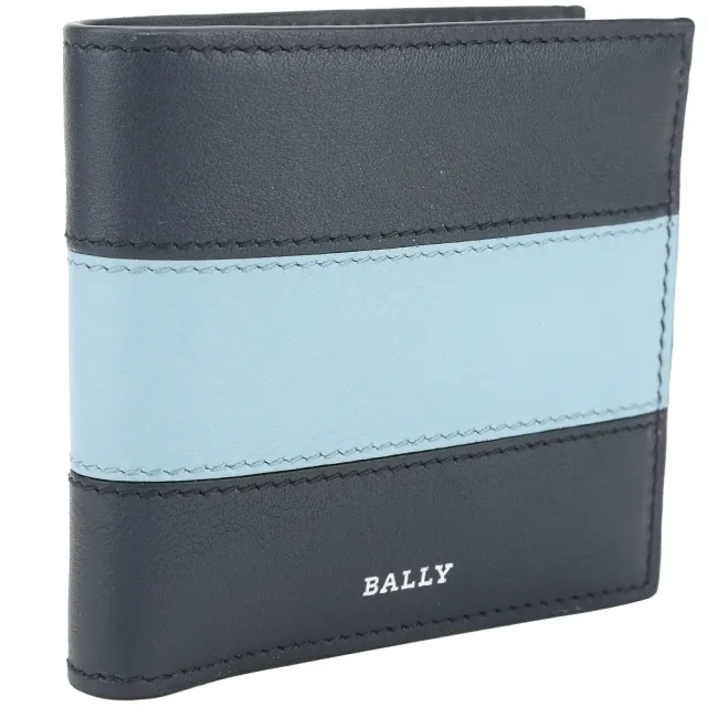 【BALLY】Brasai 撞色橫條紋牛皮對折8卡短夾-深藍色(錢包 皮夾)