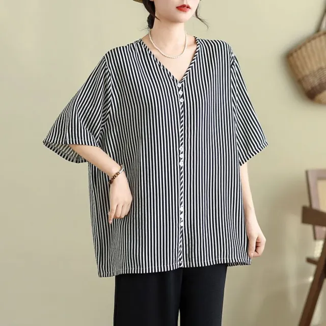 【AKARA】穿搭綿麻條紋五分袖襯衫上衣 女裝 中大尺碼 L-3XL