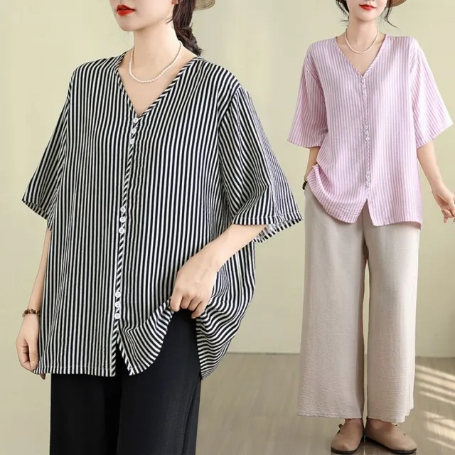 【AKARA】穿搭綿麻條紋五分袖襯衫上衣 女裝 中大尺碼 L-3XL