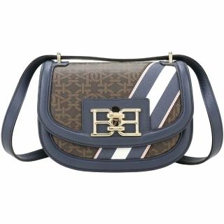 【BALLY】Baily B字老花條紋拼牛皮滑動背帶肩 斜背馬鞍包-深藍