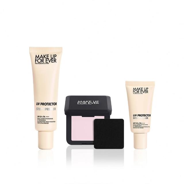 【MAKE UP FOR EVER】防曬定妝必備組(第一步玫瑰水感防曬乳30ml+粉無痕光圈蜜粉餅4.5g+玫瑰水感防曬乳15ml)