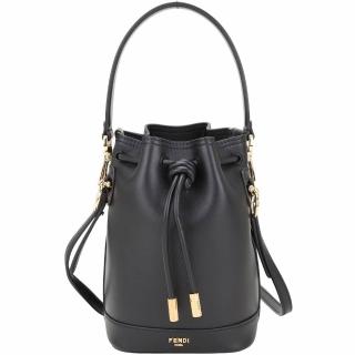 【FENDI 芬迪】Mon Tresor 迷你款壓紋牛皮繩結束口手提 斜背水桶包-黑色